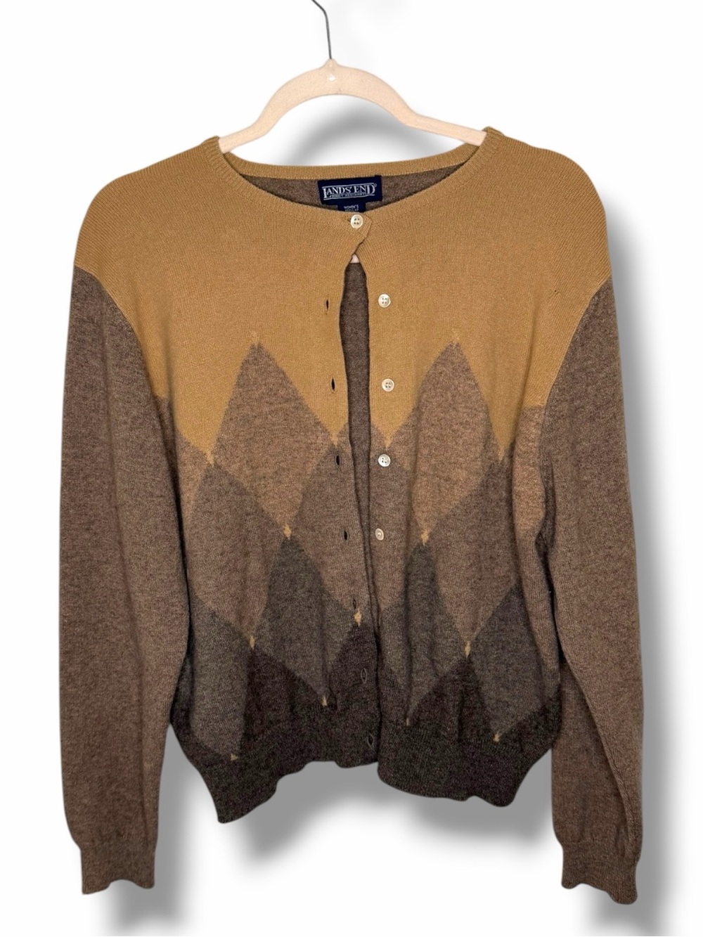 Lands' End Vintage 90s Cashmere Tan and Brown Argyle Crew neck Cardigan